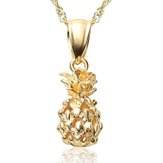 ハワイアンジュエリーネックレス 【チェーン付】 ゴールド ペンダント 14K 14金 イエローゴールド パイナップル 果物 フルーツ 波 レディースの画像