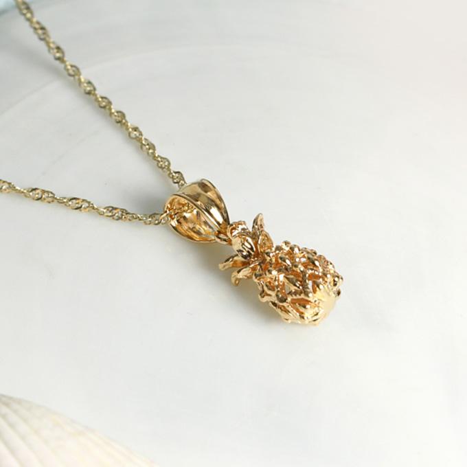 ハワイアンジュエリーネックレス 【チェーン付】 ゴールド ペンダント 14K 14金 イエローゴールド パイナップル 果物 フルーツ 波 レディースの画像