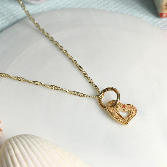 ハワイアンジュエリーネックレス ゴールド 【チェーン付】 ペンダント 14金 14K イエローゴールド オープンハート ハート 波 プチの画像