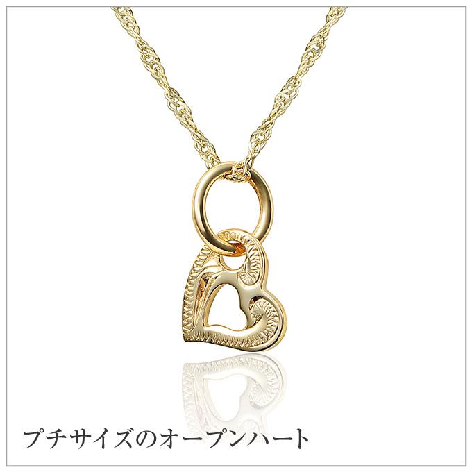 ハワイアンジュエリーネックレス ゴールド 【チェーン付】 ペンダント 14金 14K イエローゴールド オープンハート ハート 波 プチの画像