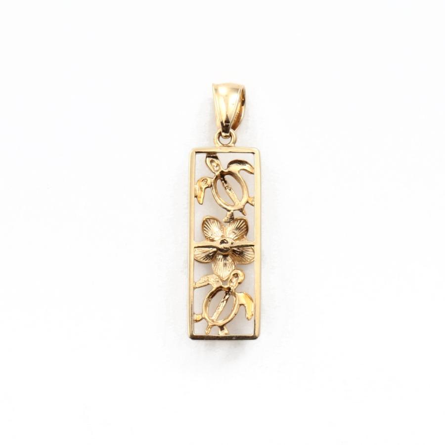 ハワイアンジュエリーペンダントトップ ペンダントヘッド レディース 14K 14金 イエローゴールド ホヌ プルメリア バー クリアキュービックジルコニアの画像
