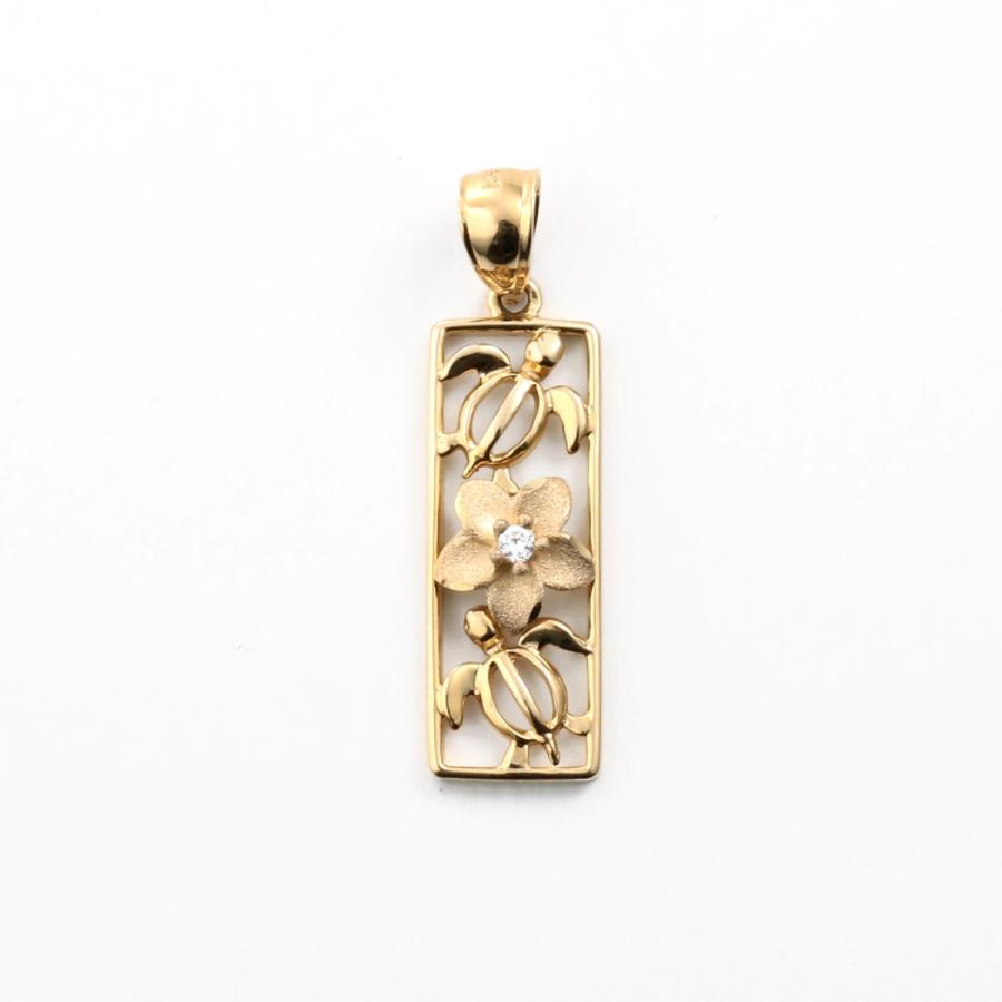 ハワイアンジュエリーペンダントトップ ペンダントヘッド レディース 14K 14金 イエローゴールド ホヌ プルメリア バー クリアキュービックジルコニアの画像