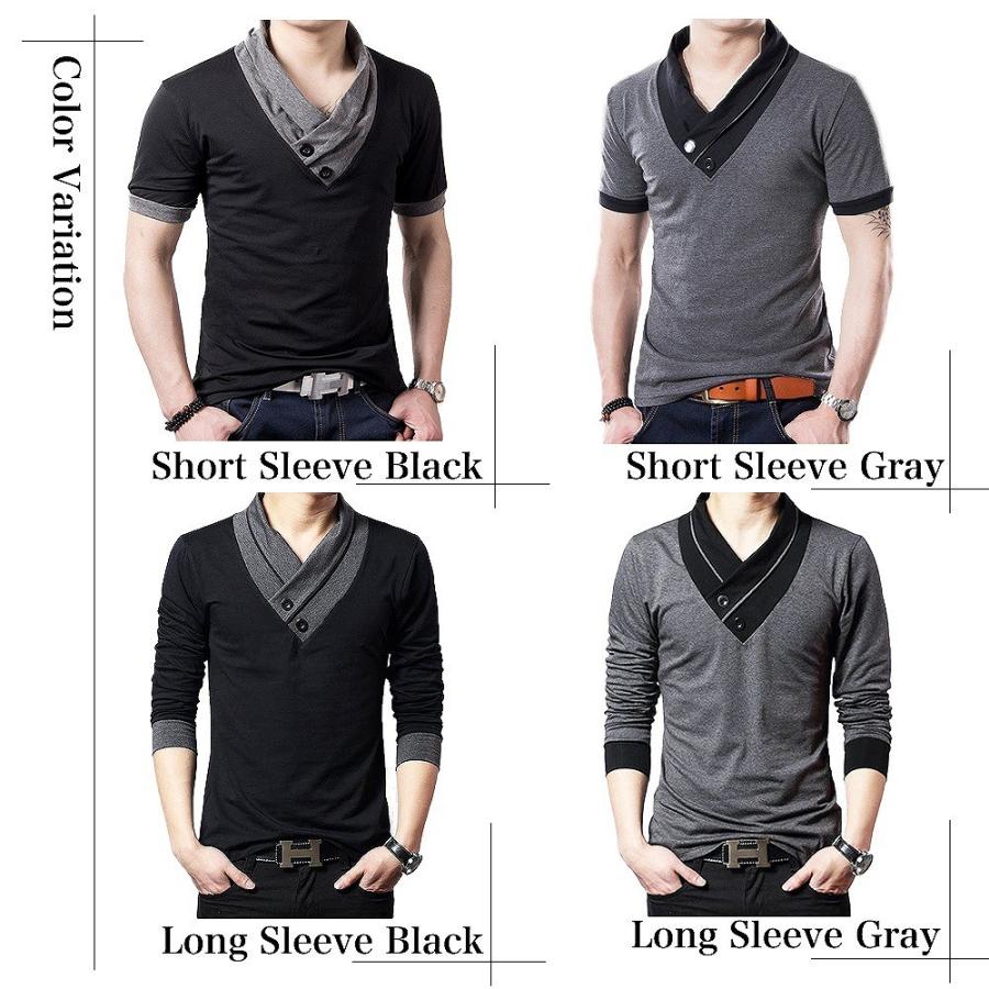 【送料無料】スリム Vネック 長袖 半袖 Tシャツ vネックシャツ カジュアルtシャツ カットソー スカーフ風 カジュアル |  | 01