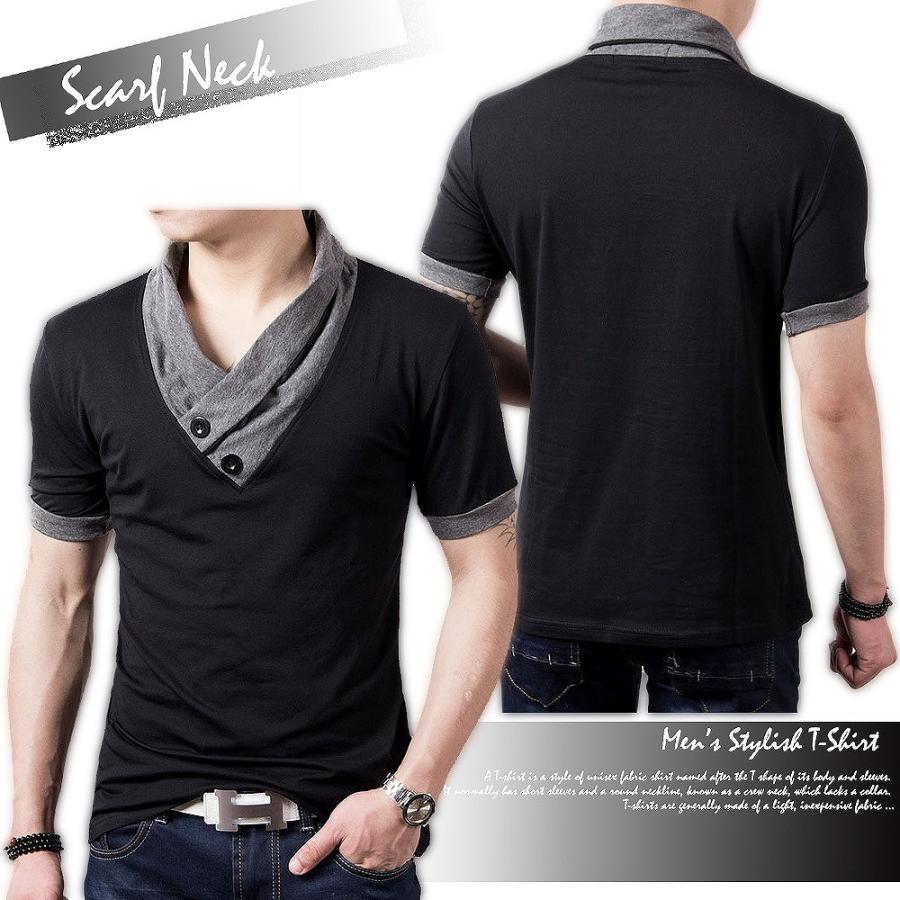 【送料無料】スリム Vネック 長袖 半袖 Tシャツ vネックシャツ カジュアルtシャツ カットソー スカーフ風 カジュアル |  | 02