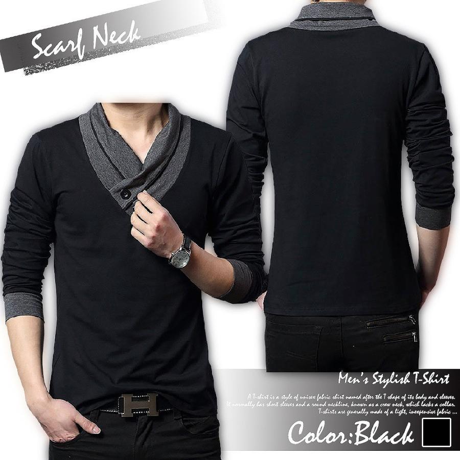 【送料無料】スリム Vネック 長袖 半袖 Tシャツ vネックシャツ カジュアルtシャツ カットソー スカーフ風 カジュアル |  | 04