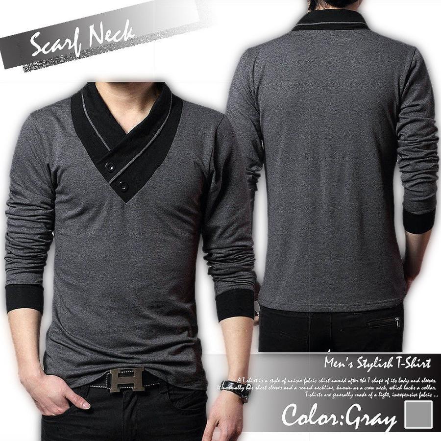 【送料無料】スリム Vネック 長袖 半袖 Tシャツ vネックシャツ カジュアルtシャツ カットソー スカーフ風 カジュアル |  | 05
