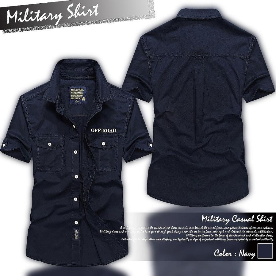 【送料無料】メンズ 半袖 ミリタリー シャツ コットン 無地 カジュアル 襟シャツ |  | 06