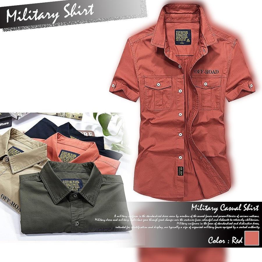 【送料無料】メンズ 半袖 ミリタリー シャツ コットン 無地 カジュアル 襟シャツ |  | 08