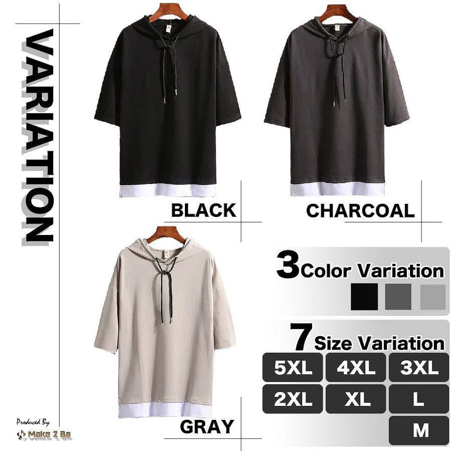 【送料無料】Make 2 Be ドロップショルダー シャツ　レイヤード tシャツ フード付きtシャツ メンズ 5分袖 パーカー 風 重ね着風 レイヤード風 |  | 01