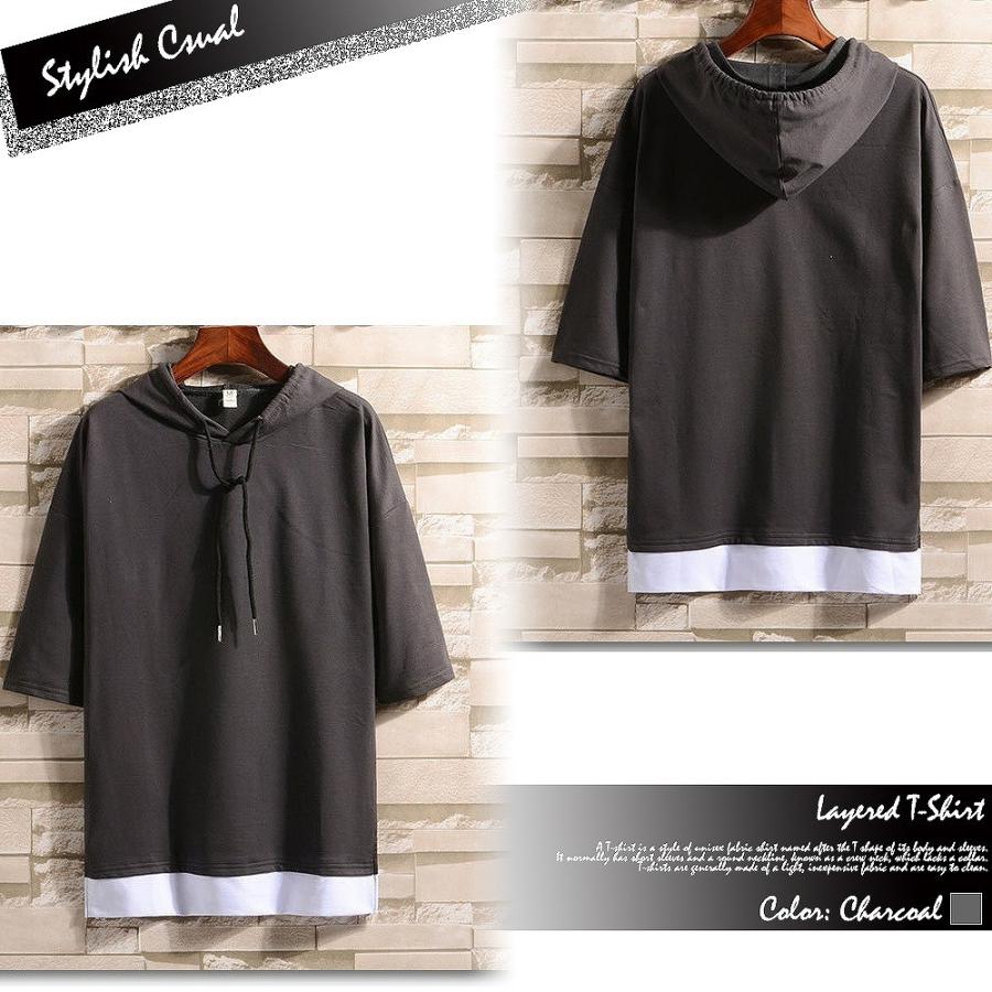【送料無料】Make 2 Be ドロップショルダー シャツ　レイヤード tシャツ フード付きtシャツ メンズ 5分袖 パーカー 風 重ね着風 レイヤード風 |  | 04