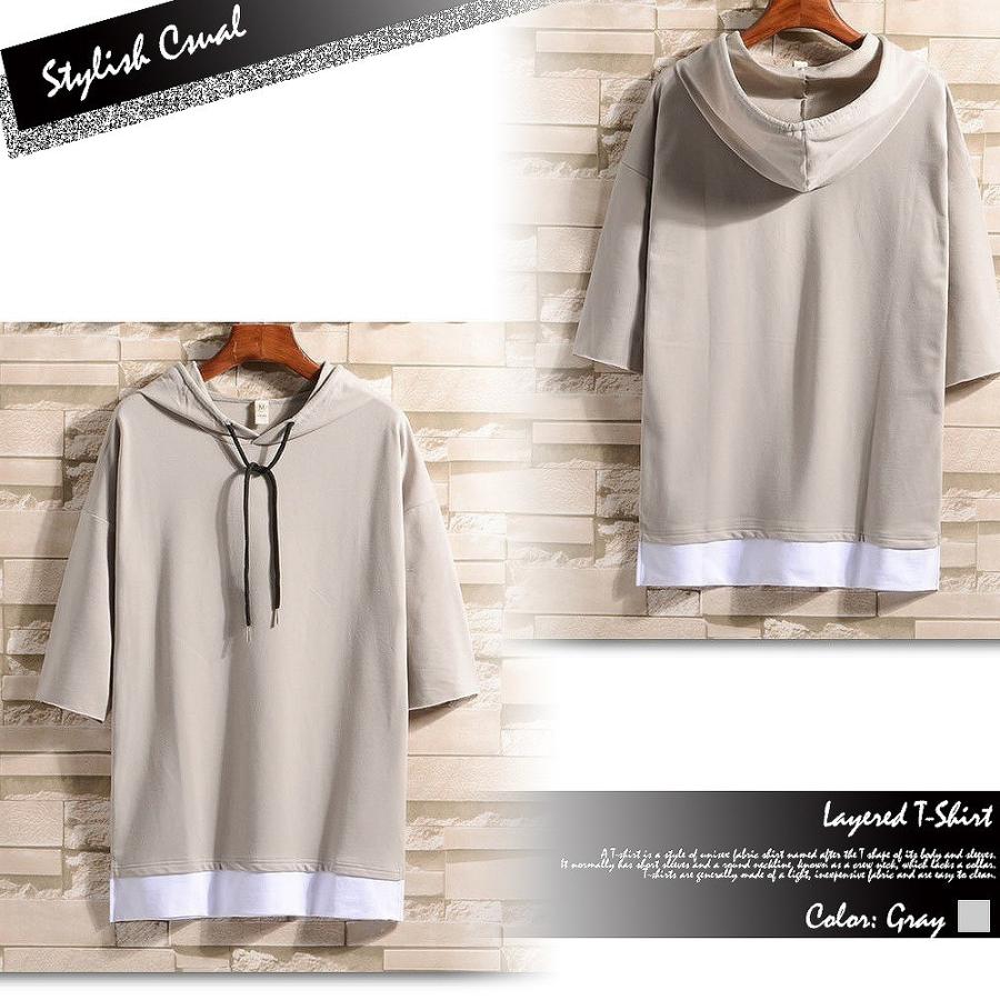【送料無料】Make 2 Be ドロップショルダー シャツ　レイヤード tシャツ フード付きtシャツ メンズ 5分袖 パーカー 風 重ね着風 レイヤード風 |  | 05