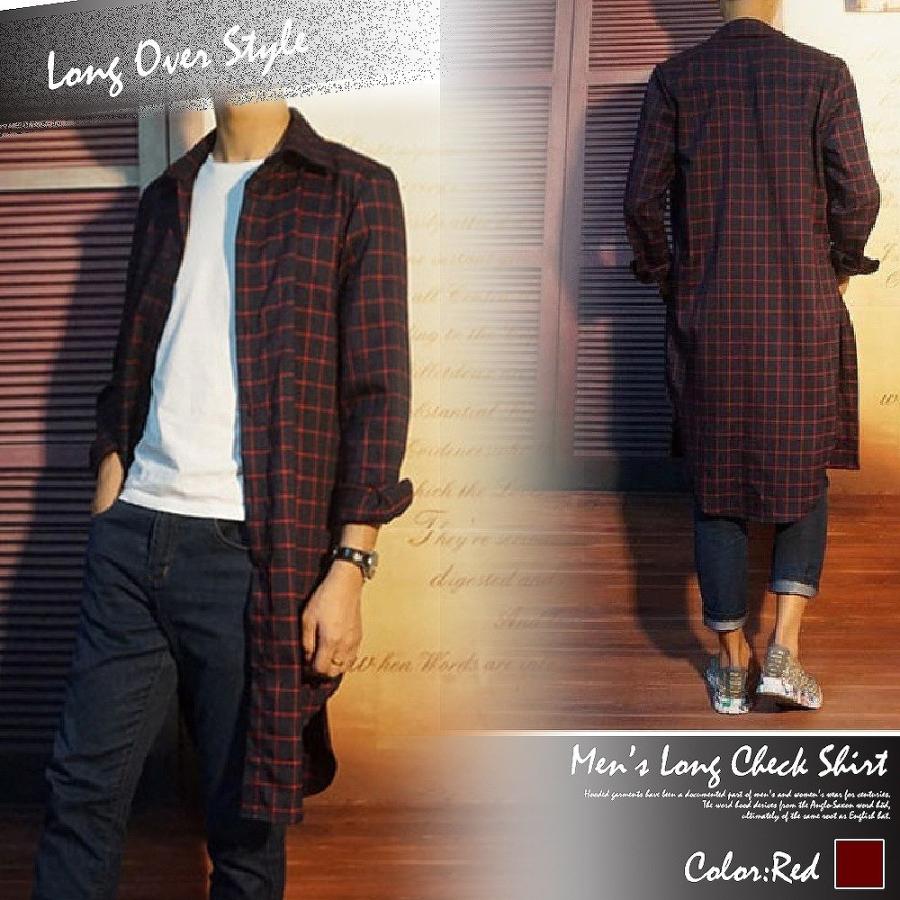 【送料無料】ロング チェックシャツ 長袖 ロング丈 メンズ スリム ネルシャツ |  | 06