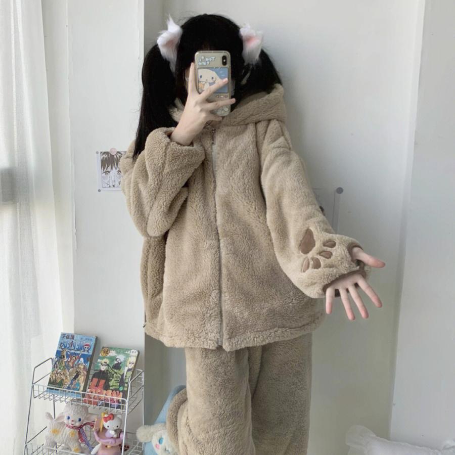 ふわもこ 着ぐるみ風 くま耳＆フェイス付きフード レディース トップス パンツ ルームウェア パジャマ 部屋着 ミディアム丈 長袖 ドロップショルダー 指穴付き｜makejoy89998｜05