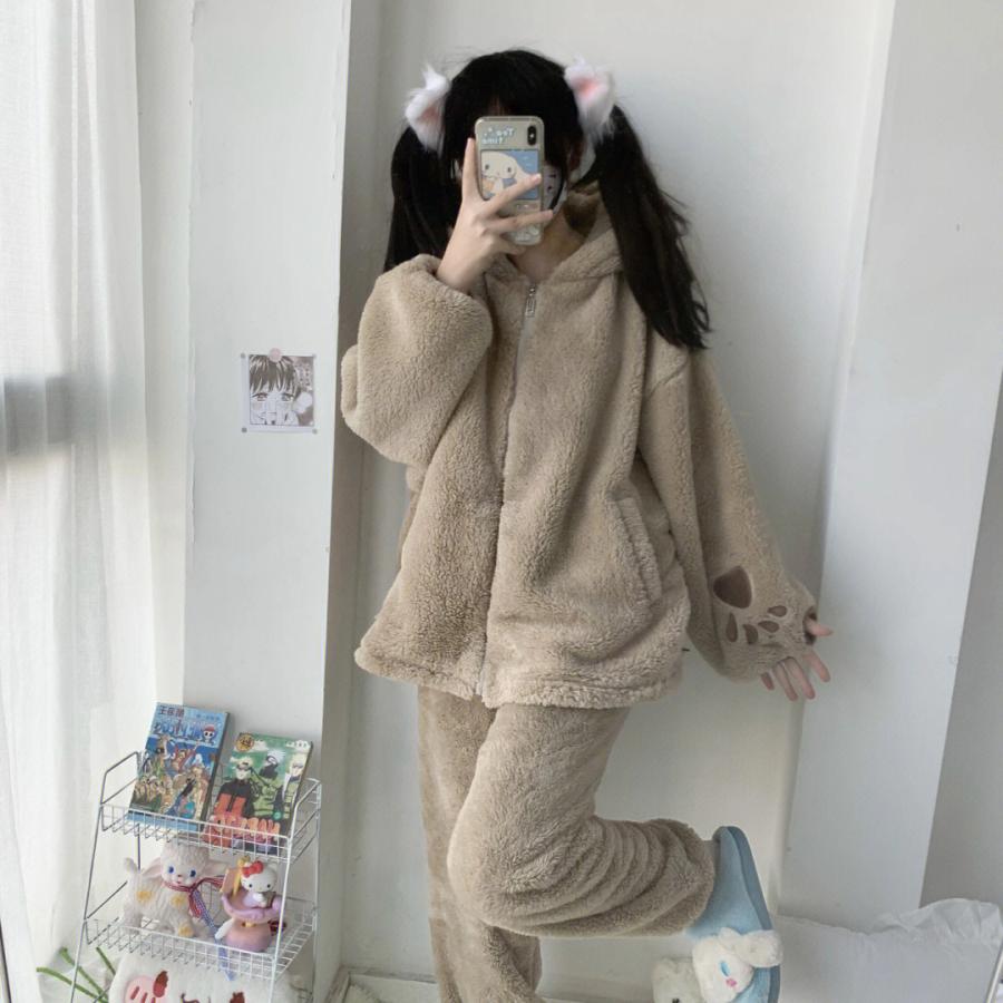 ふわもこ 着ぐるみ風 くま耳＆フェイス付きフード レディース トップス パンツ ルームウェア パジャマ 部屋着 ミディアム丈 長袖 ドロップショルダー 指穴付き｜makejoy89998｜06