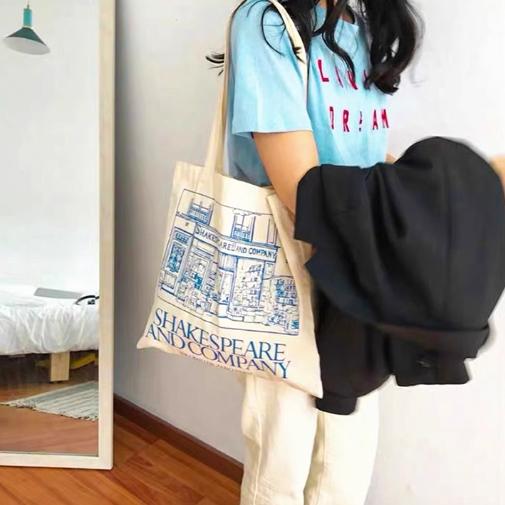 キャンバス トートバッグ プリント 韓国 ショルダー  フランス・パリのシェイクスピア書店周辺のキャンバスバッグ、ブループリントの文学女子学生ハンドバッグ｜makejoy89998｜04