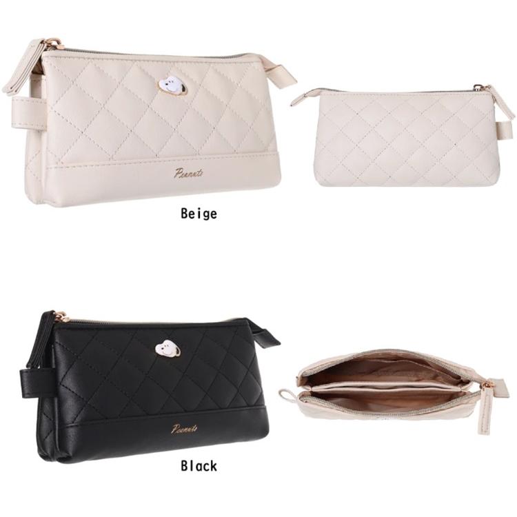 SNOOPY合皮キルトプレート付3ポケットポーチ　スヌーピー　ペンポーチ　ペンケース　多機能ポーチ　メイクポーチ　ポーチ | SNOOPY