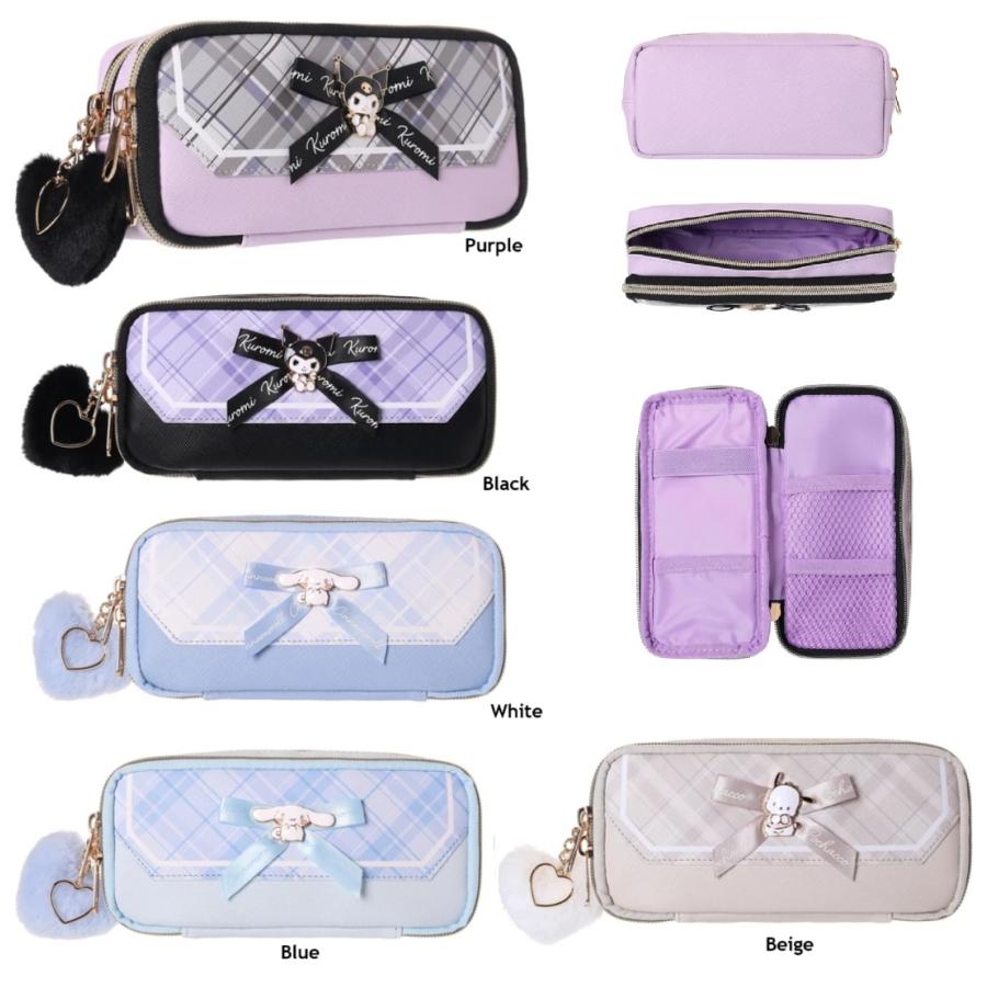サンリオ合皮チェックリボンプレート多機能ポーチ　サンリオ　クロミ　シナモロール　ポチャッコ　ペンポーチ　ペンケース　多機能ポーチ　メイクポーチ　ポーチ | sanrio