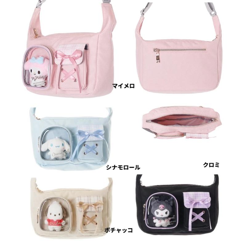 サンリオキャラクターズポリチェック2ポケットぬい付ラウンドショルダ　サンリオ　ポシェット ショルダーバッグ　旅行ポシェット　ミニショルダー | sanrio