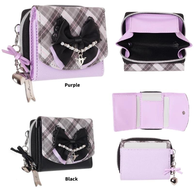 Coboca+合皮チェックリボンハートチャームミニ財布 /　ミニ財布　コンパクト財布　お財布　財布　レディース財布　三つ折り財布　お財布 コンパクトax | 