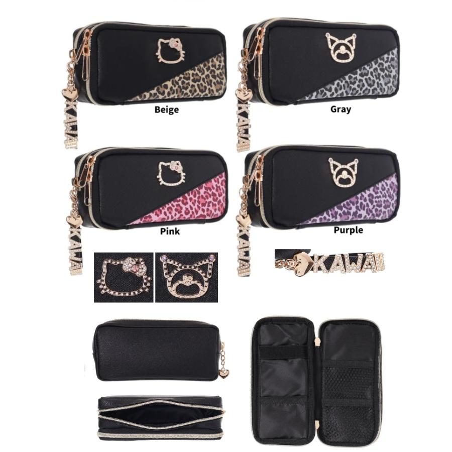 合皮ヒョウ柄フレームプレート多機能ポーチ　サンリオ　クロミ　キティ　ペンポーチ　ペンケース　多機能ポーチ　メイクポーチ　ポーチ　ax | sanrio