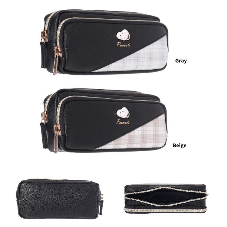 SNOOPY合皮チェックバイヤス前ポケット付ポーチ　スヌーピー　ペンポーチ　ペンケース　多機能ポーチ　メイクポーチ　ポーチ　ax | SNOOPY