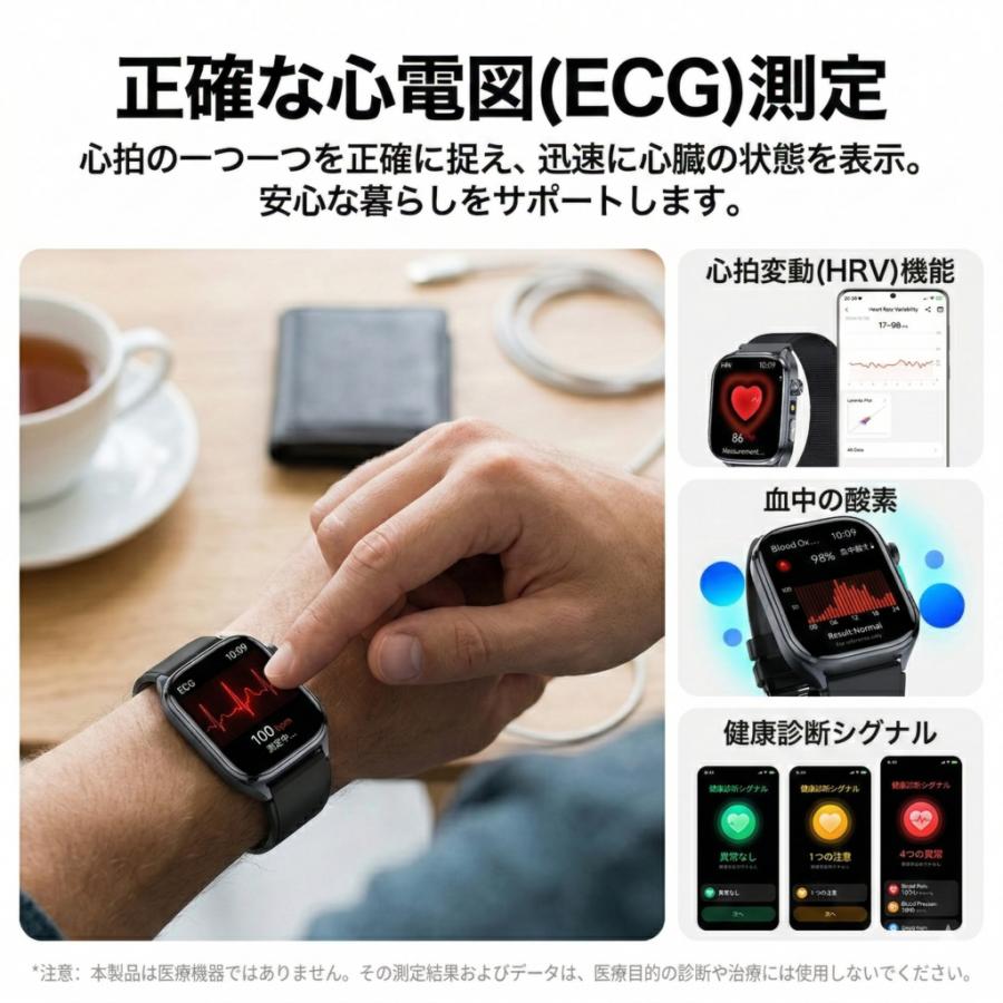 2026新発売 スマートウォッチ 医療レベル 血圧測定 ECG心電図 通話機能 体温 血圧測定 体組成 血液成分分析 LINE着信通知 血中酸素 歩数計 睡眠 iPhone Androidの画像