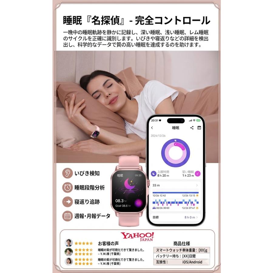 スマートウォッチ 懐中電灯 心電図 血圧 心拍 通話機能 着信通知 血中酸素 体組成分析 体温 音楽・カメラ制御 SOS機能の画像