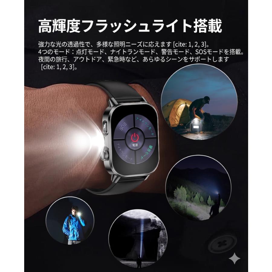 スマートウォッチ 懐中電灯 心電図 血圧 心拍 通話機能 着信通知 血中酸素 体組成分析 体温 音楽・カメラ制御 SOS機能の画像