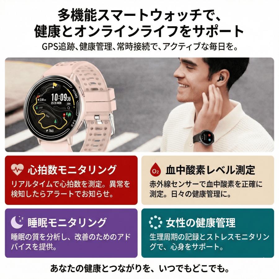 スマートウォッチ GPS 血圧 心拍 血中酸素 通話機能 レディース 腕時計