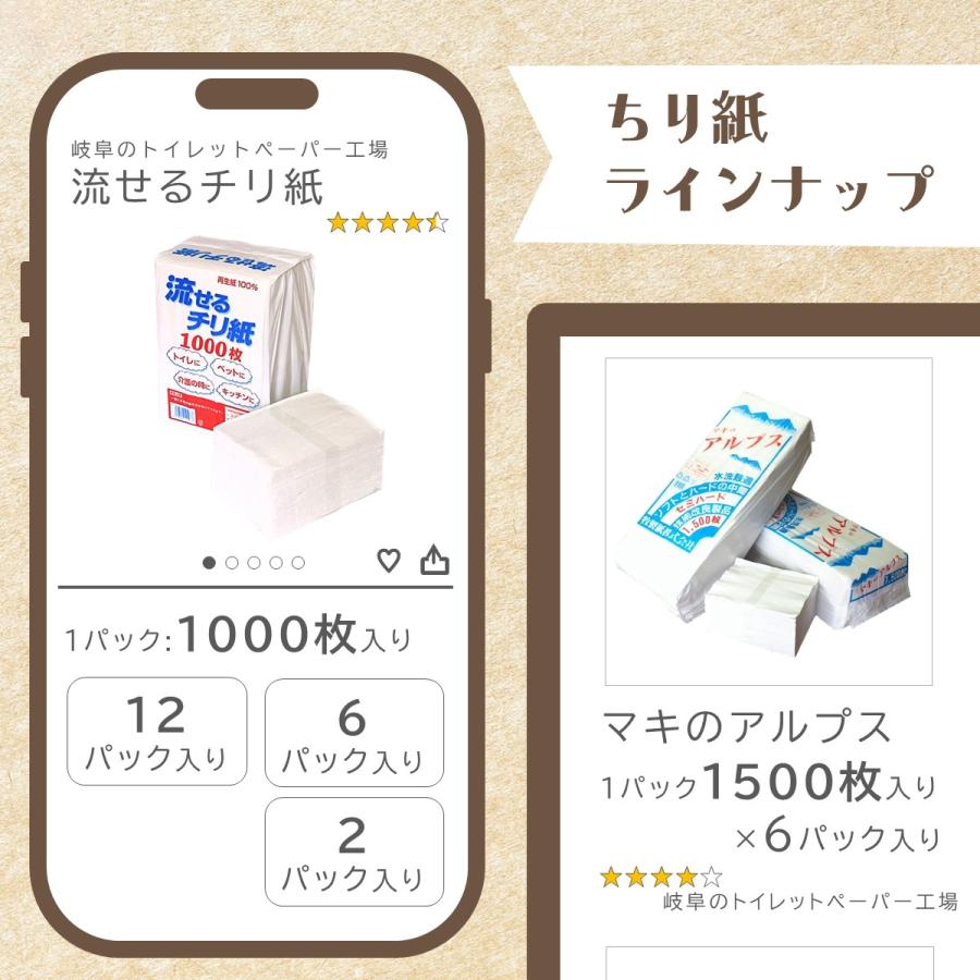 ちり紙 1500枚 × 6パック マキのアルプス 無漂白 無香料 無添加（漂白