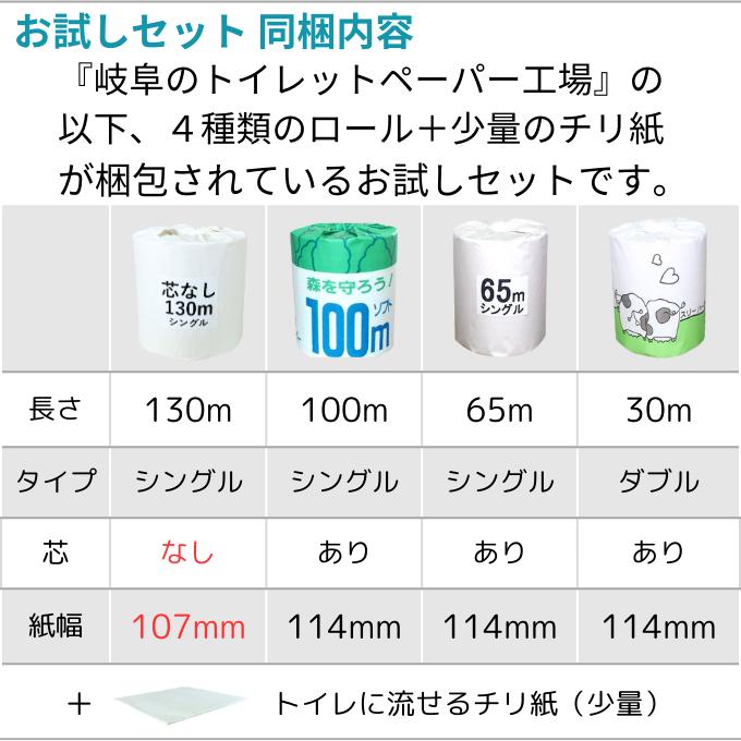 お試し用 トイレットペーパー 4種類セット（芯なし130mシングル 100m 