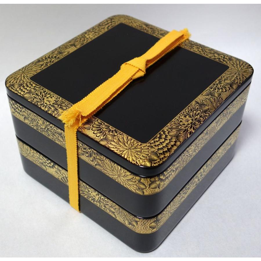 総菊蒔絵 沈金蒔絵 二段重箱 漆器 和モダン 輪島塗 未使用 沈金菊文様 二段重箱 慶塚漆器工房 高級輪島塗 真