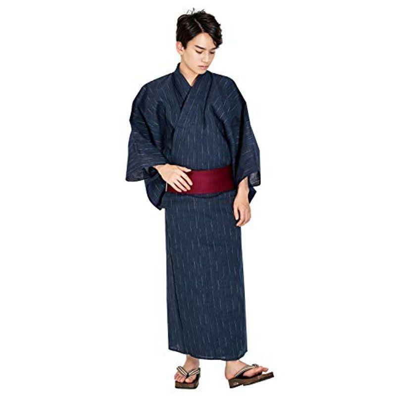 キョウエツ 浴衣 メンズ セット ゆかた 男性 黒 紺 グレー 帯 下駄 腰紐 綿 麻 しじら 無地 ストライプ おしゃれ C 4点セッ 最大 オフ