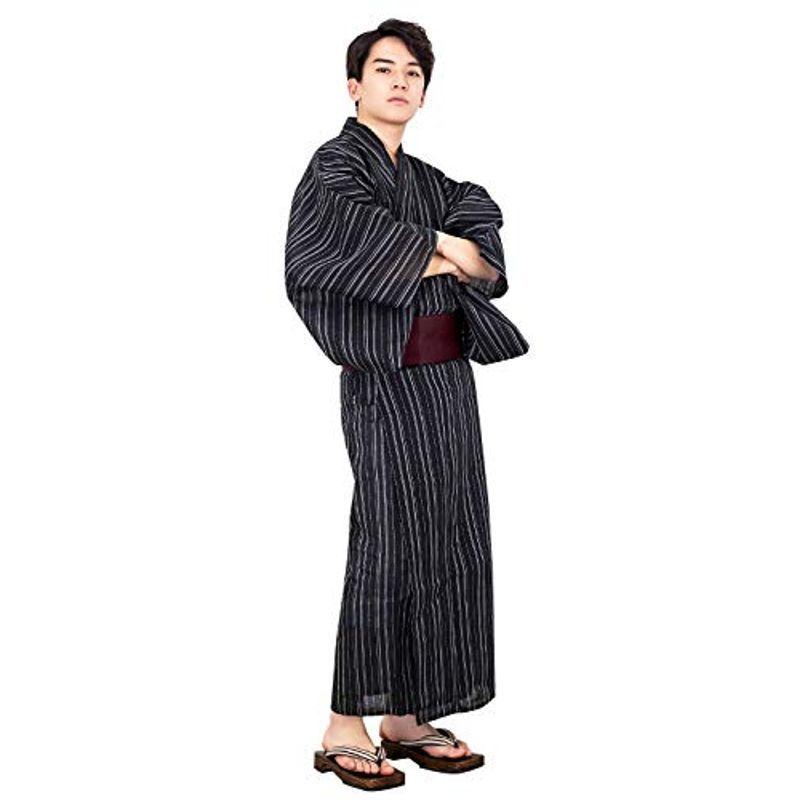 キョウエツ 浴衣 メンズ セット ゆかた 男性 黒 紺 グレー 帯 下駄 腰紐 綿 麻 しじら 無地 ストライプ おしゃれ C 4点セッ 種類豊富な品揃え