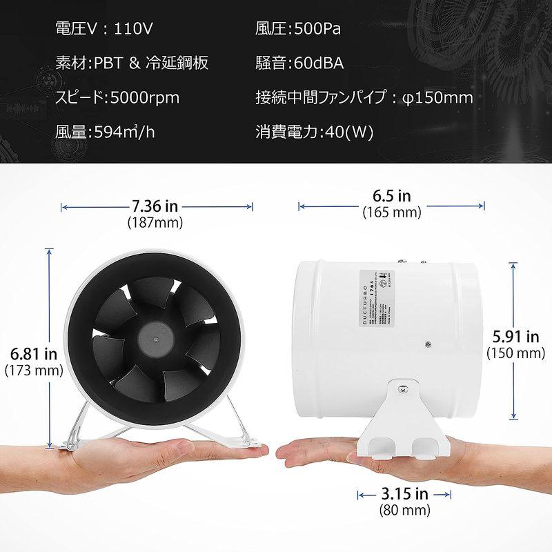 DUCTURBO　中間取付形ダクトファン　150mm　ダクト用換気扇　業務用有圧換気扇　h　強力　風量:594?　塗装ブース用換気扇　無段階