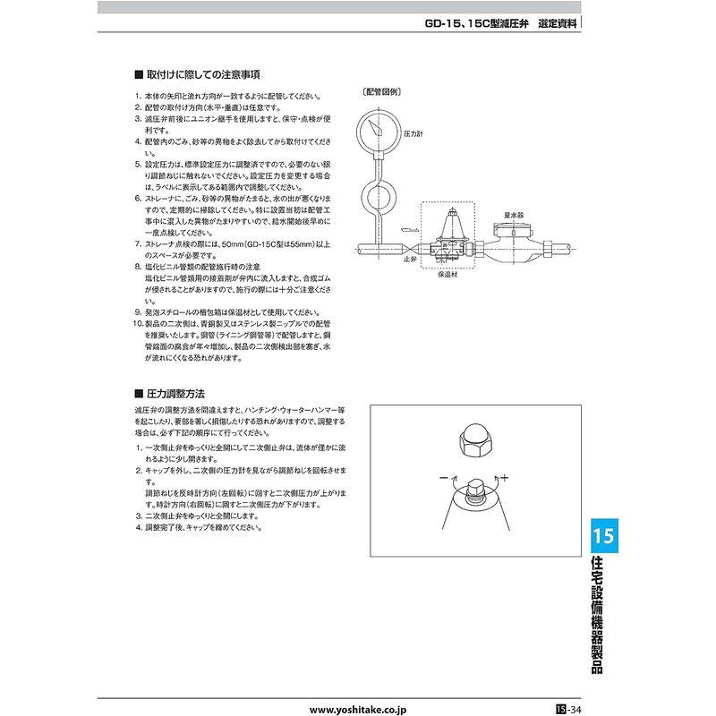 ヨシタケ　減圧弁　集合住宅用　最高温度60℃　型式　戸別給水用　ねじ込み接続　二次側圧力0.05?0.25MPa　本体CAC　接続口径15A