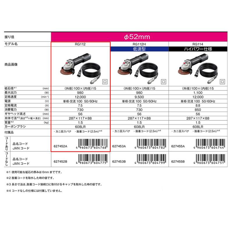 京セラ ディスクグラインダー(脱着式コード) RG112 100mm 握り 京セラ ディスクグラインダー(脱着式コード) RG112 100mm 握り