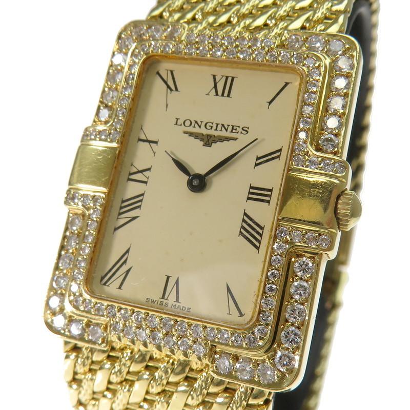 ロンジン　18金　ダイヤ付　クォーツ LONGINES（ロンジン） スクエア ダイヤ巻 腕時計 K18YGイエロー