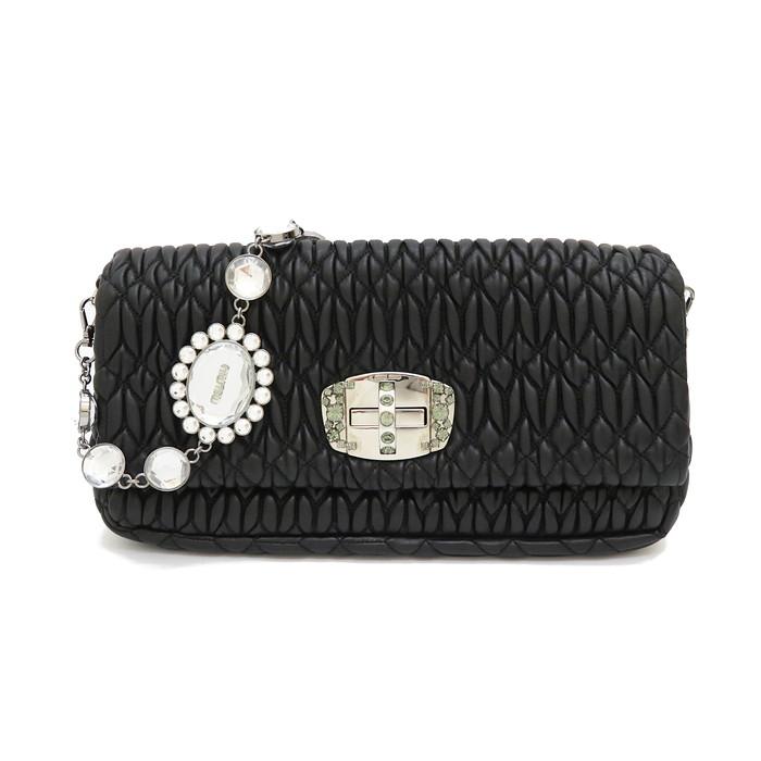 Miu Miu ギャザー加工 ショルダーバッグ 黒..*- MIUMIU/ミュウミュウ】 ギャザー ビジュー チェーン ショルダー