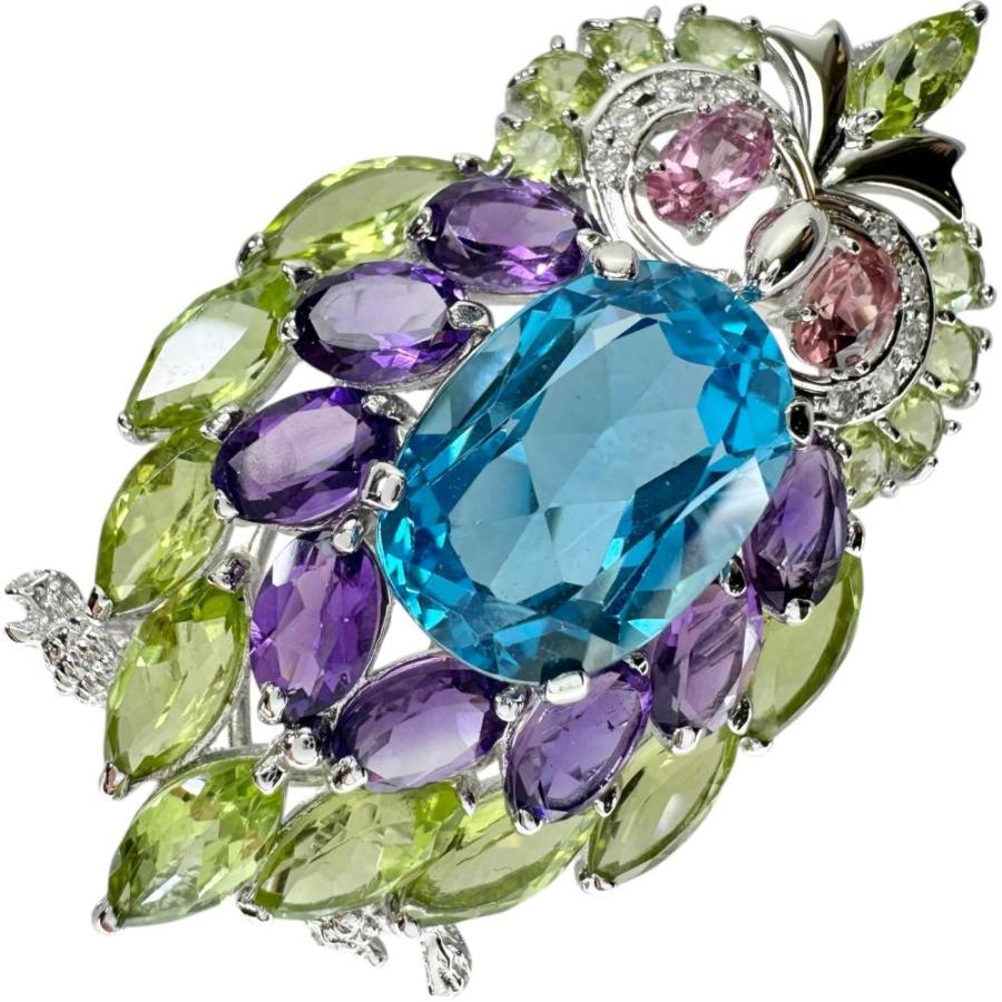 フクロウ ブローチ兼用 ブルートパーズ/ペリドット/ピンクトルマリン  