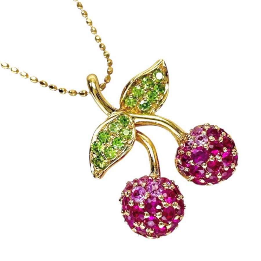 さくらんぼ/チェリーモチーフ ルビー 0.70ct ピンクサファイア 0.30ct 