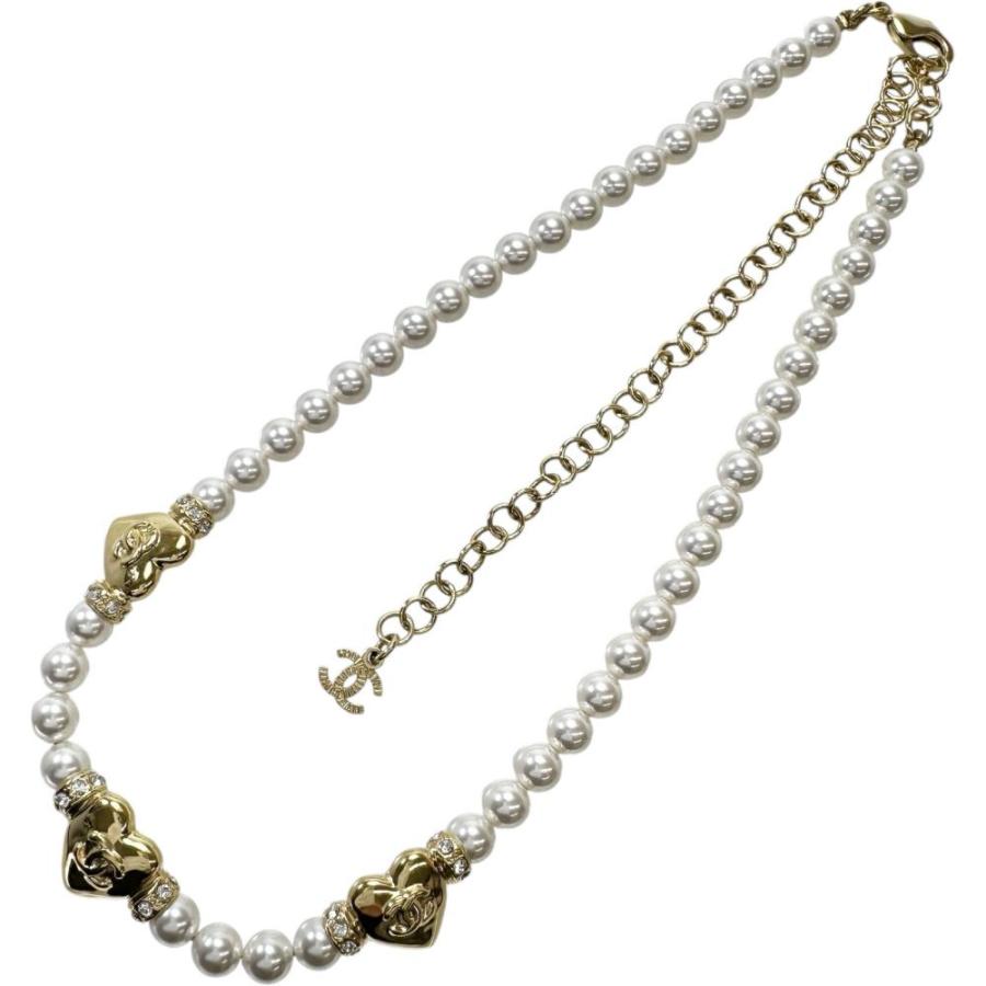 CHANEL/シャネル フェイクパール ネックレス トリプルハートココマーク GP 32.1g 37〜51cm A24P レディースの画像