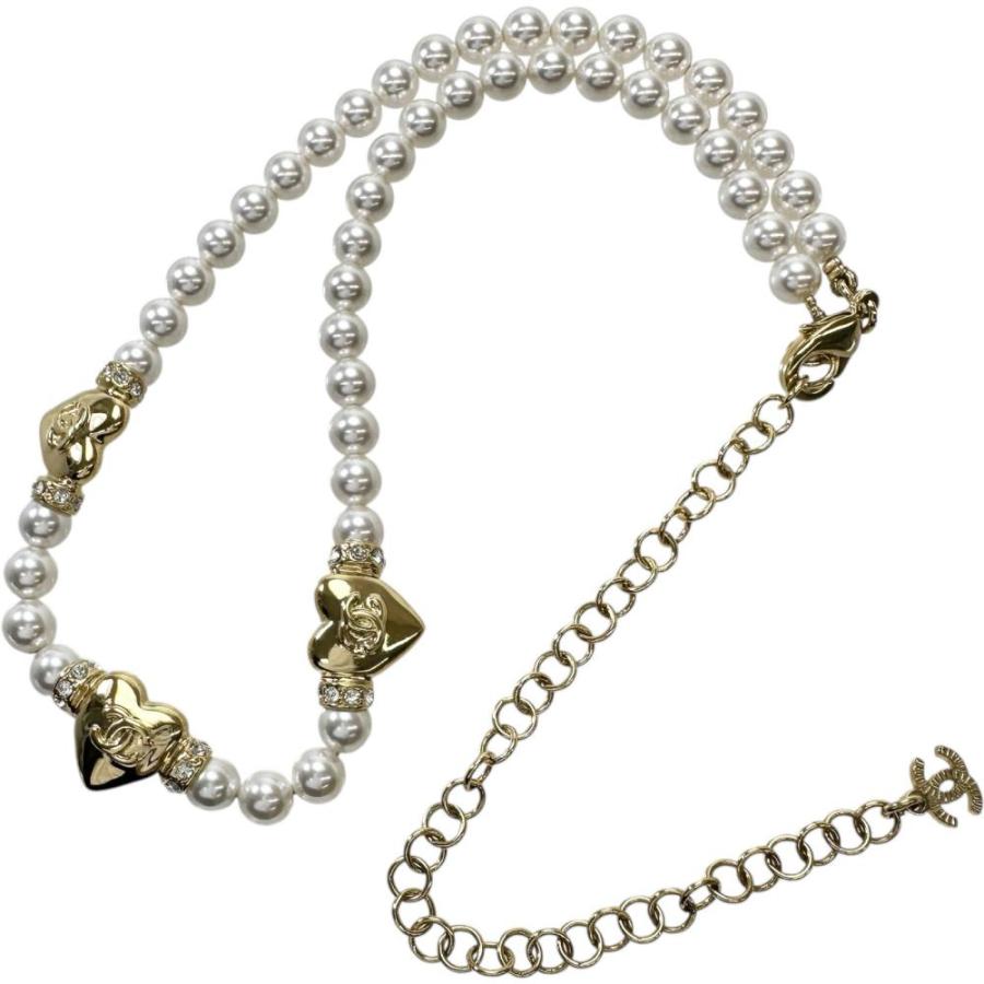 CHANEL/シャネル フェイクパール ネックレス トリプルハートココマーク GP 32.1g 37〜51cm A24P レディースの画像