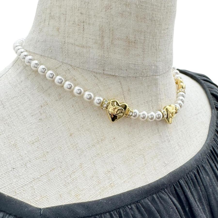CHANEL/シャネル フェイクパール ネックレス トリプルハートココマーク GP 32.1g 37〜51cm A24P レディースの画像