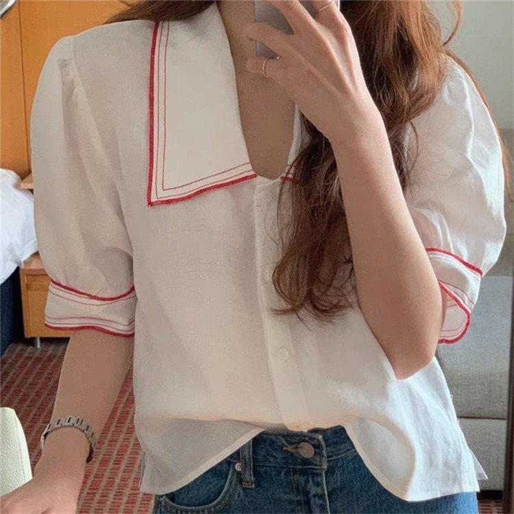 ブラウス シャツ 春 夏 レディース トップス ボリューム袖 シャツブラウス 半袖 白ブラウス 配色 福袋セール