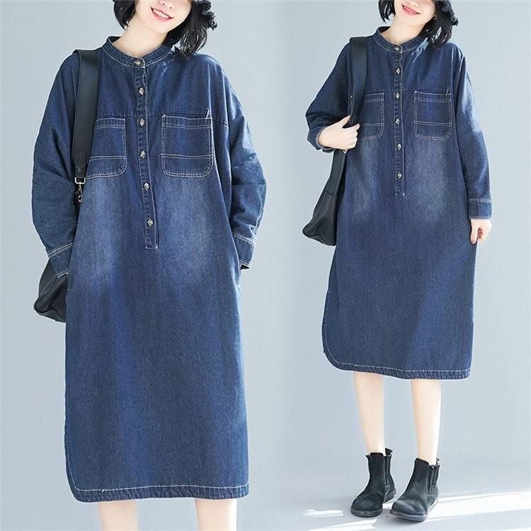 デニムワンピース レディース 春 秋 シャツワンピース ロングワンピース デニム 長袖 膝下丈 着痩せ ゆったり 無地 体型カバー 30代 40代 シンプル 大きいサイズ レディースファッション
