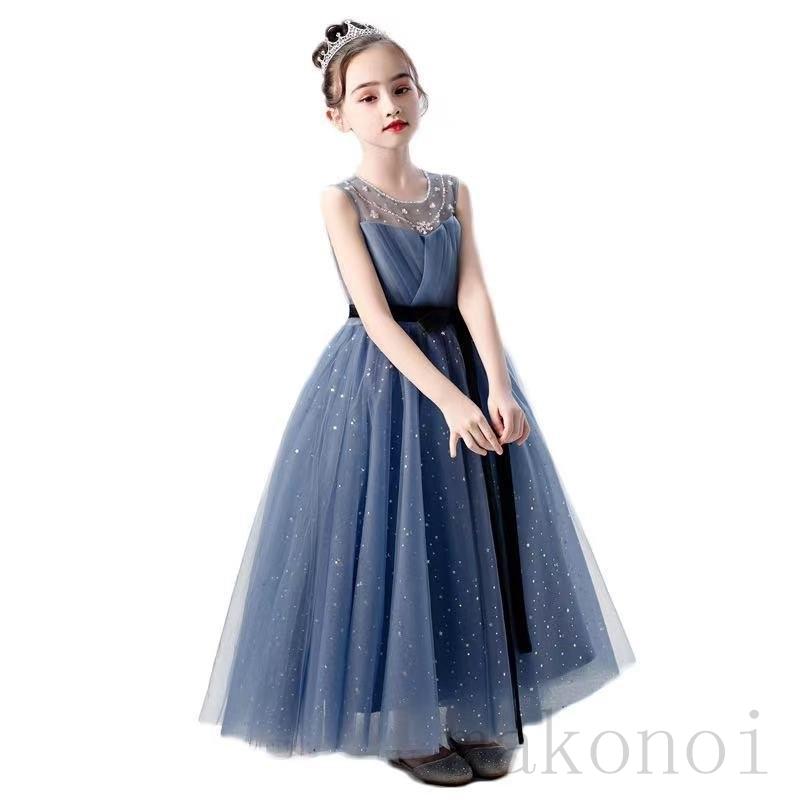 子供ドレス 発表会ドレス 140 150 160 こども キッズ コンクール ジュニア ドレス ネイビー フォーマル ブルー リボン ロング ワンピース 女の子 結婚式 8周年記念イベントが ネイビー
