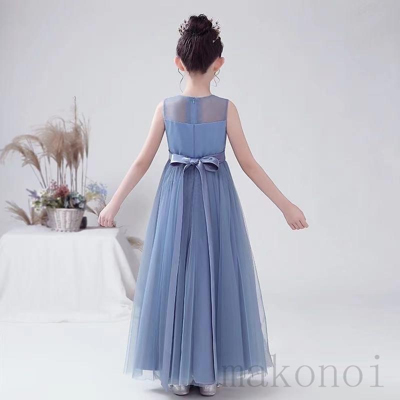 子供ドレス 発表会ドレス 140 150 160 こども キッズ コンクール ジュニア ドレス フォーマル ブルー リボン ロング ワンピース 女の子 結婚式 開催中 ワンピース