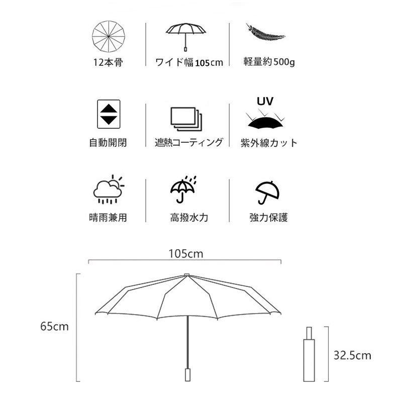 折りたたみ傘 ワンタッチ 自動開閉 12本骨 メンズ レディース 折り畳み傘 雨傘 日傘 晴雨兼用 大きいサイズ 撥水加工 宅配便送料無料｜makonoi｜04