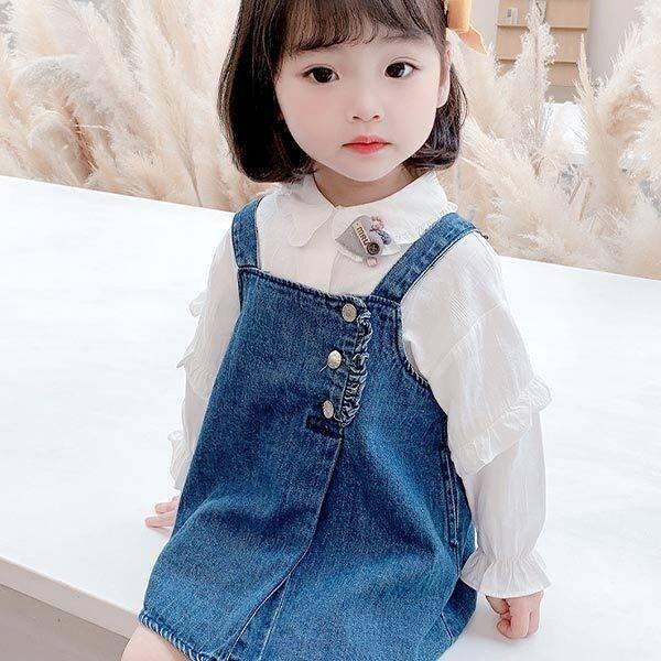 2022新作 キッズ 女の子 セットアップ ワンピース 110 100 90 120 かわいい シャツ サロペット セット 上下 デニム 秋 ブルー 80 春 130 ワッペン シャツ、ブラウス 女児90〜100ワンピース、サロペットセット